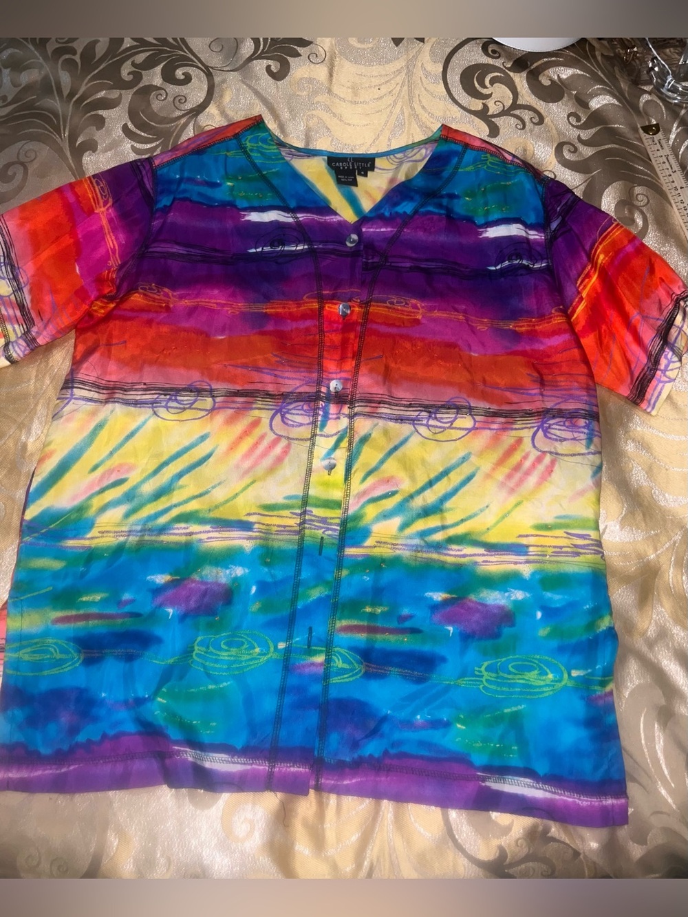 Vintage Carole Little 100% Silk Rainbow Abstract Blouse Size 6